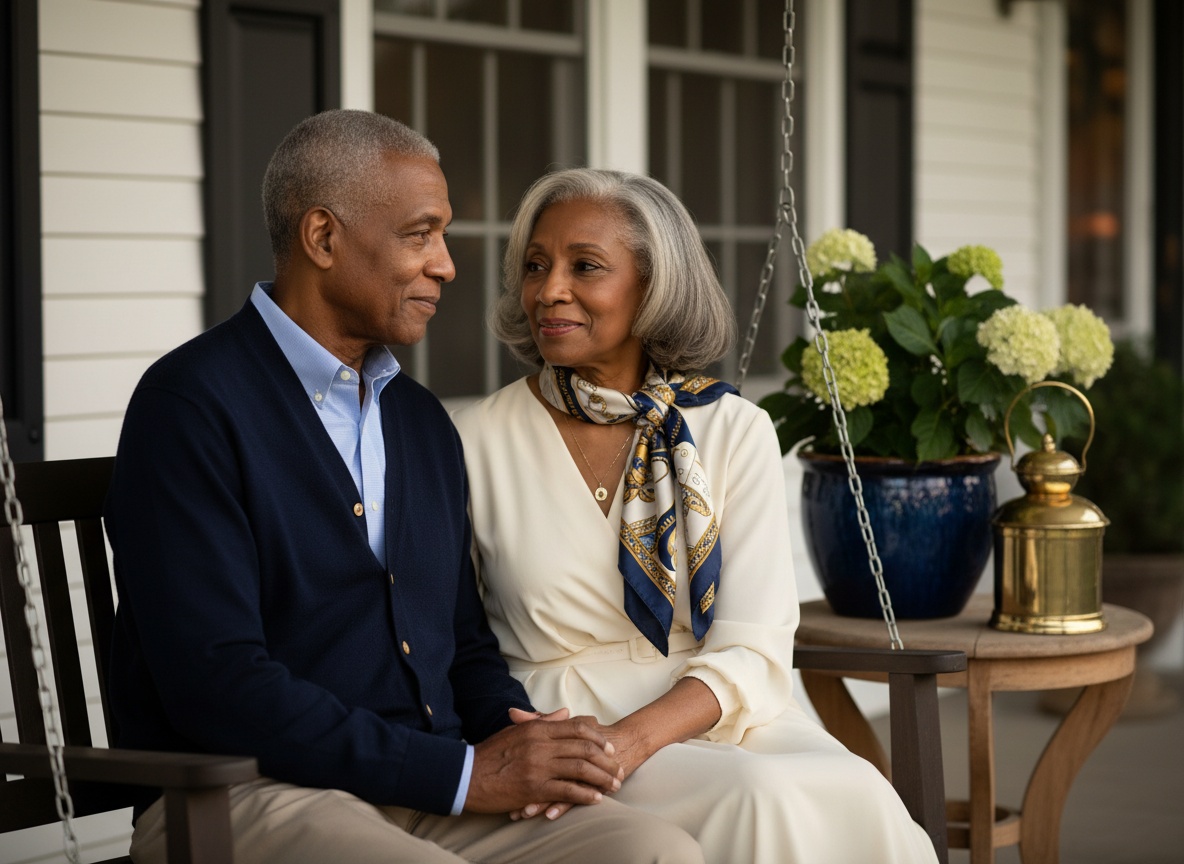 Dignified elderly couple on porch swing