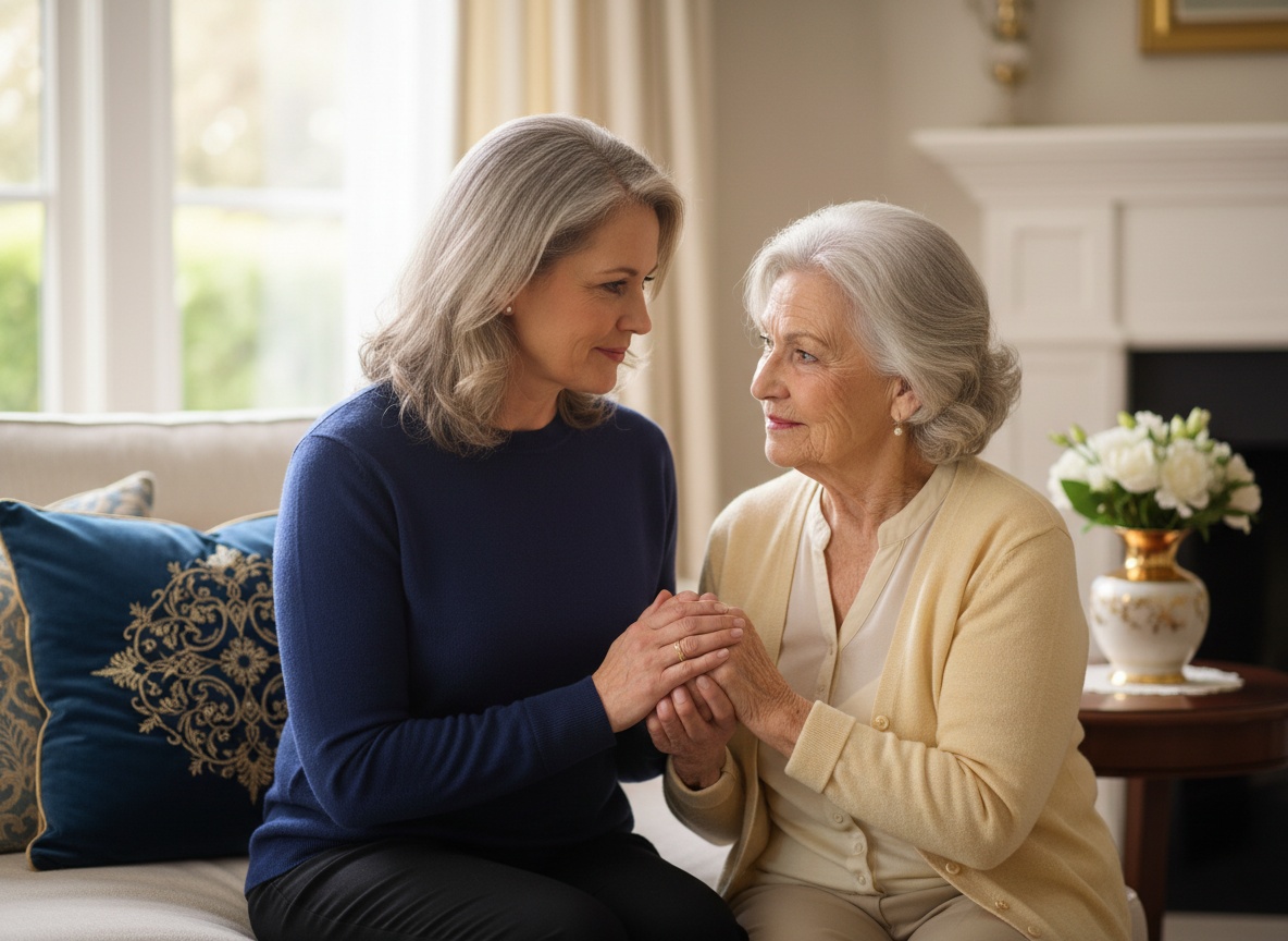 Daughter comforting elderly mother