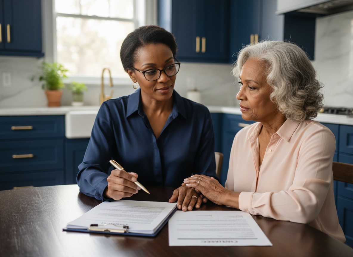 Professional woman helping elderly parent with legal documents